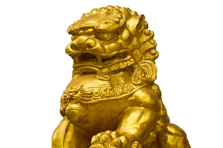 Statue golden lion on white backgrand .の写真素材