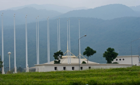 Flagpole in the stadium, mountain の写真素材