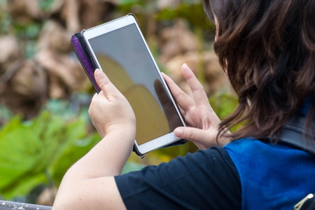 Woman sitting near the pond handle Tablet.の写真素材