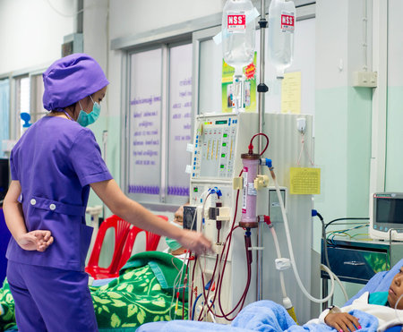 Advanced dialysis equipment in hospital, nurse and pateintのeditorial素材