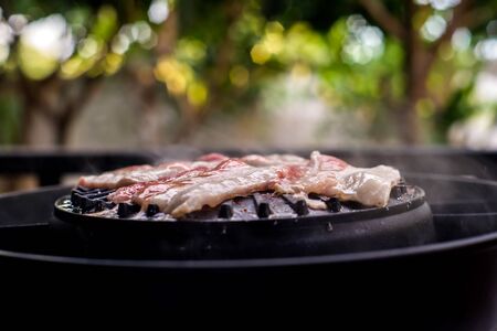 Grilled pork on the electric grill ,boken is backgroundの写真素材