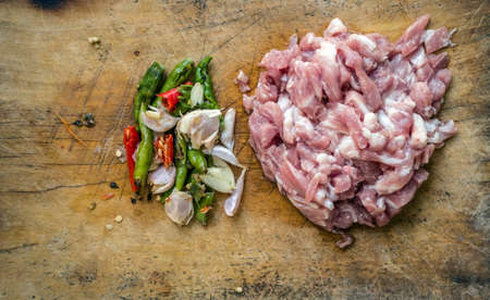 The eggplant curry curry pork with spicy Thai food ,Delicious food on a wooden tableの写真素材