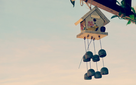Bird nesting box on blue sky in sunsetの写真素材