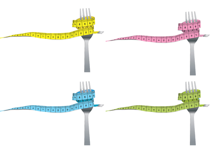 color set of fork and measuring tape for a healthy lifestyle concept isolatedのイラスト素材