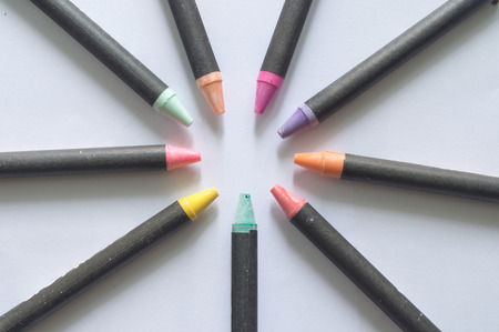 Crayons lying on the white backgroundの写真素材