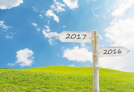 Wooden Blank Sign With Text 2017 Over Green Grass field with Cloudy Blue Sky , Image for New year 2017 Concept.の写真素材