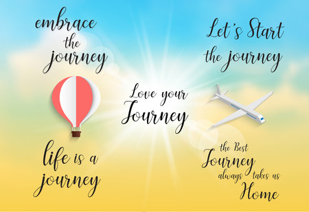 Inspirational quote -embrace the journey.life is a journey.Let's Start the journey.the best journey always takes us home.love your journey. Handwritten modern calligraphy poster on the sky backgroundのイラスト素材