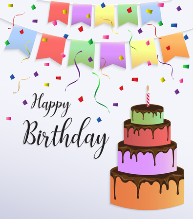 Happy Birthday card design with colorful big cake and bunting flag decoration.のイラスト素材
