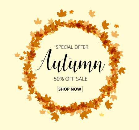 Colorful autumn leaves and sale text. Fall season background. Vector illustration EPS10.のイラスト素材
