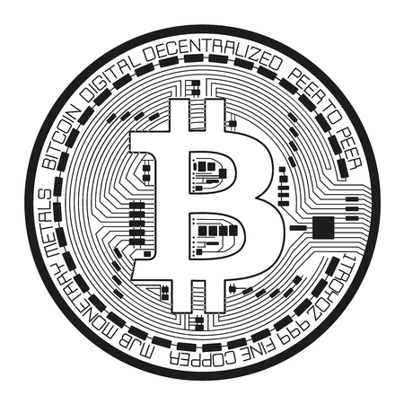 Crypto currency black coin with black lackered bitcoin symbol on obverse isolated on white background. Vector illustrationのイラスト素材