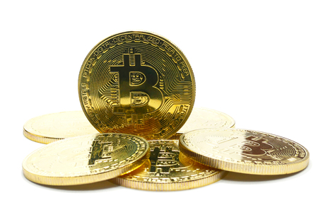 stack of Physical Bitcoins  isolated on the white backgroundの写真素材