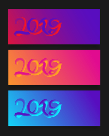 Happy New Year 2019 card with colorful neon figures,Banner with copyspace.のイラスト素材