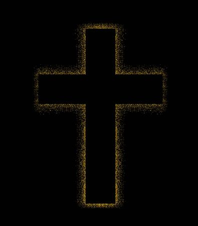 Gold shining cross logotype. Emblem of religious event. Greeting card with glitter and sparkles on dark night background.の写真素材