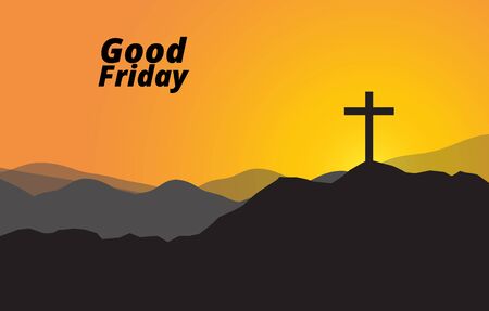 Good friday Christian cross  silhouette on the hill sunset  sky background, vector.のイラスト素材