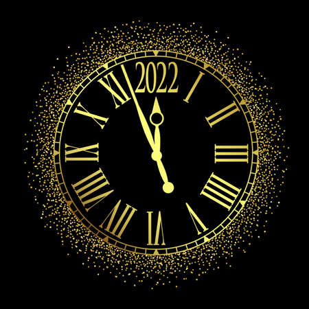 Vector 2022  Happy New Year gold glitter classic clock on black background,illustration .のイラスト素材