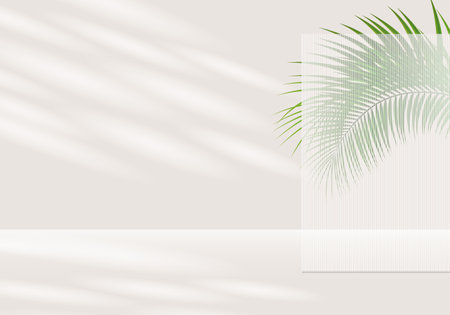 3d background products display podium scene with palm leaf geometric platform. beige background vector 3d render with podium. stand to show cosmetic product.のイラスト素材