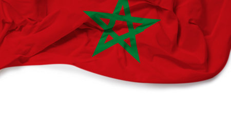 Flag of Morocco on wrinkled fabric lay on white backgroundの写真素材