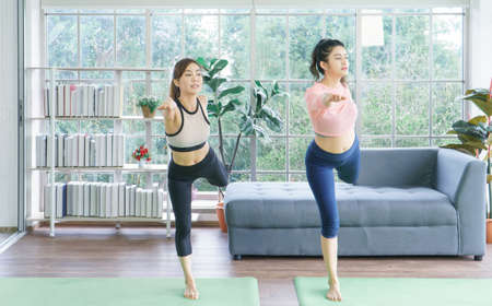 Balance the life of a young Asian woman attractive to exercise Stretching the yoga postures at home. sporty, wearing sportswear, trainingの写真素材