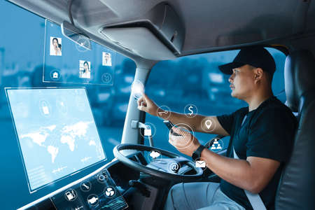 truck driver connects team call center through internet network. delivery man is searching for a...