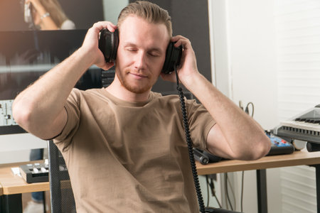 Caucasian young man smiling look at camera with headphone Sound Engineer Mixer audio  in studio recording room singer announcer, DJ, karaoke communication control electronics industry radio stationの写真素材