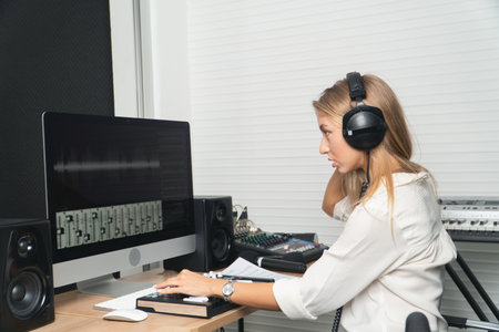 Caucasian Beautiful woman blonde hair with headphones listening editor on desktop computer modern workspace. sound engineer music producer is controlling audio mixing panel in studio recording room.の写真素材