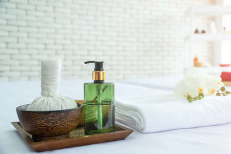 Herbal compress ball with coconut shell spa aroma flowers products skincare. Thai herb massage therapy beauty salon relaxation luxury resort-concept.の写真素材