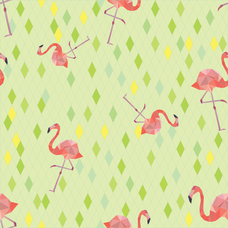 Vector seamless pattern background with pink polygonal flamingos on geometrical background.のイラスト素材