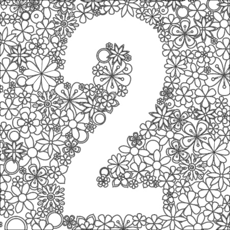 Vector number two made of black and white flowers. For coloring books, cards, decorationのイラスト素材