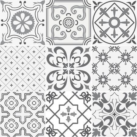 Vector set of  nine tiles background in grey. For backgrounds, decoration for your design, ceramic, page fill and more.のイラスト素材