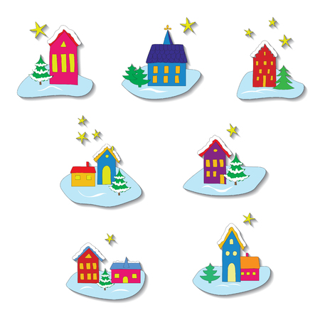 Vector set of winter cartoon illustrations. Stylized european houses with christmas trees on snow.のイラスト素材