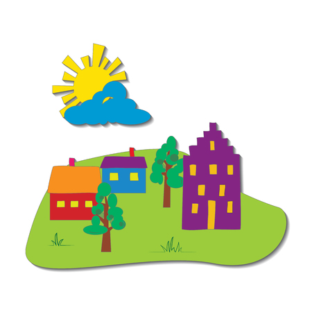 A Vector summer cartoon illustration. Stylized european houses with and sun.のイラスト素材
