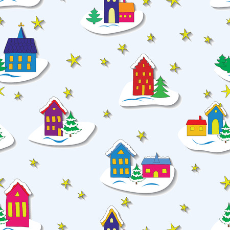 A Vector seamless winter childish background. Stylized european houses with christmas trees.のイラスト素材