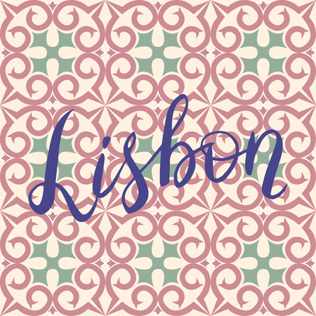Vector calligraphic word Lisbon on tile pattern background.のイラスト素材