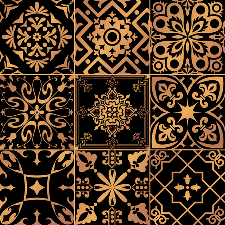 Big vector set of black and gold tiles in portuguese style.のイラスト素材