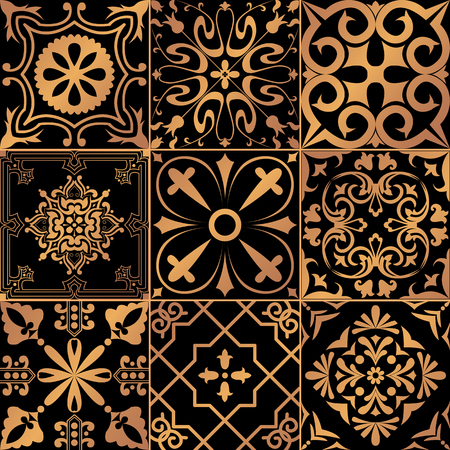 Big vector set of black and gold tiles in portuguese style.のイラスト素材