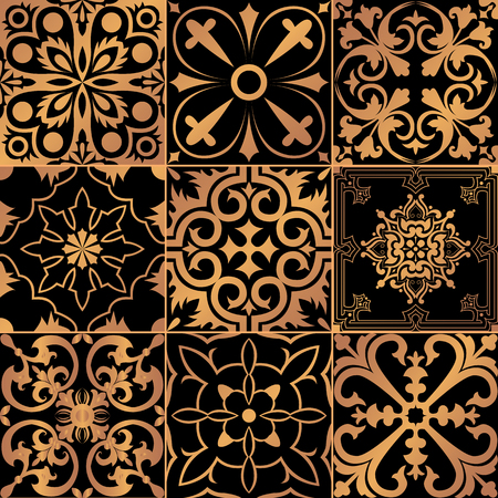 Big vector set of black and gold tiles in portuguese style.のイラスト素材