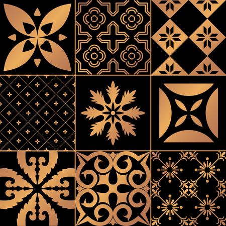 Big vector set of black and gold tiles in portuguese style.のイラスト素材