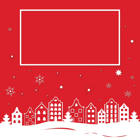 Vector greeting Christmas card template with space for text. Stylized european houses.のイラスト素材