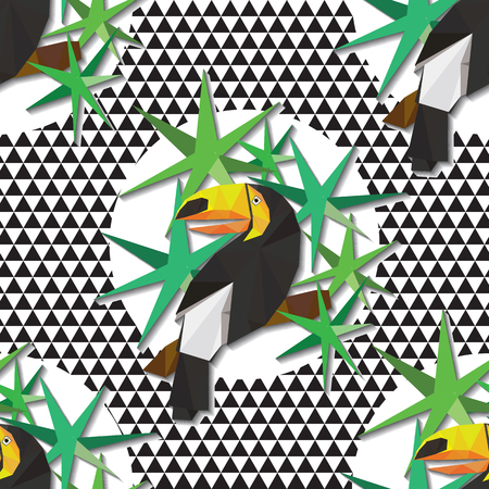 Vector seamless pattern with toucans and green leaves in low poly style. のイラスト素材