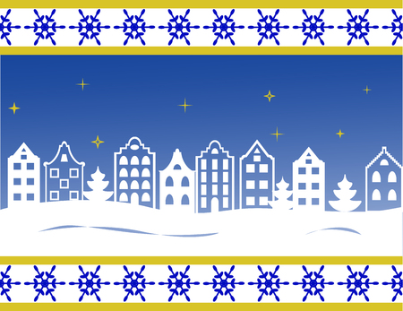 Vector horizontal seamless Christmas banner with stylized european houses and snowflakes. Merry Christmas! Happy New year!のイラスト素材