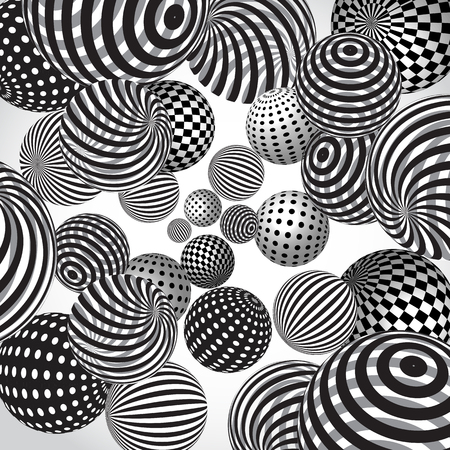 Vector abstract striped background with striped and dotted spheres in black and white.のイラスト素材