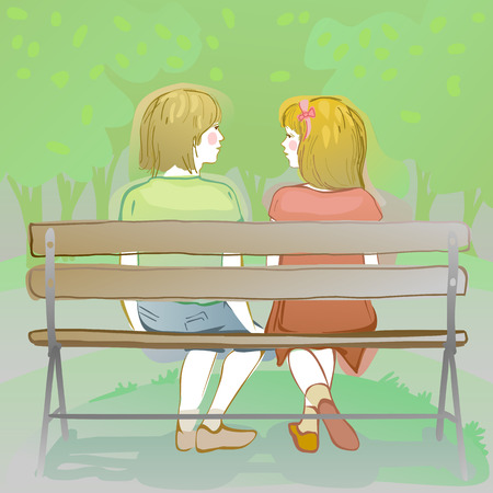couple of friendly kids sitting and chatting on a park benchのイラスト素材