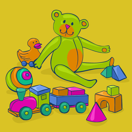 bunch of colorful, cute, classic kids toys - teddy bear, duck on wheels, building blocks, ball and wooden trainのイラスト素材