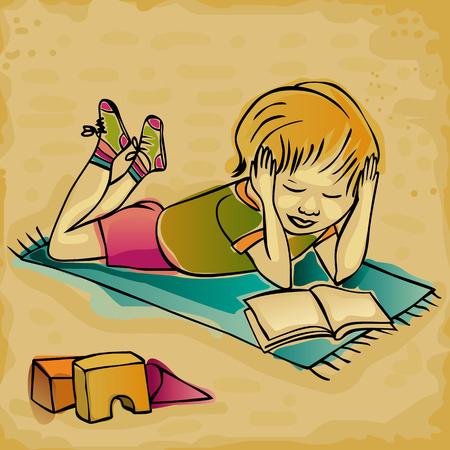 colorful illustration of a young boy reading on a carpetのイラスト素材
