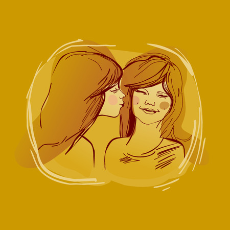 young girl greeting another with a kissのイラスト素材