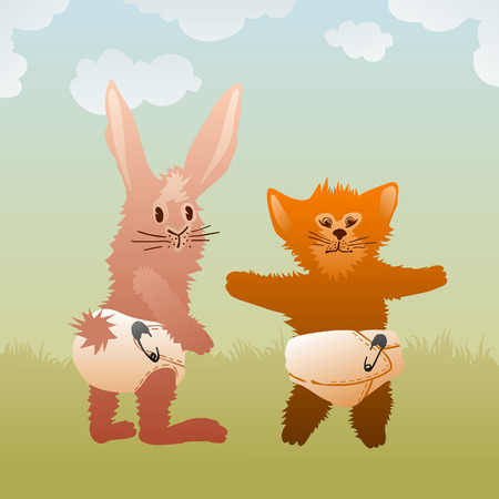 baby pets (bunny and cat) wearing diapersのイラスト素材