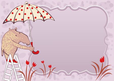 doodle frame with copyspace for your text featuring a young tapir in red shoes with a dotted umbrellaのイラスト素材