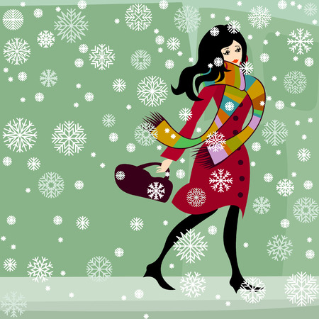 pretty girl walking in snow with colorful scarfのイラスト素材