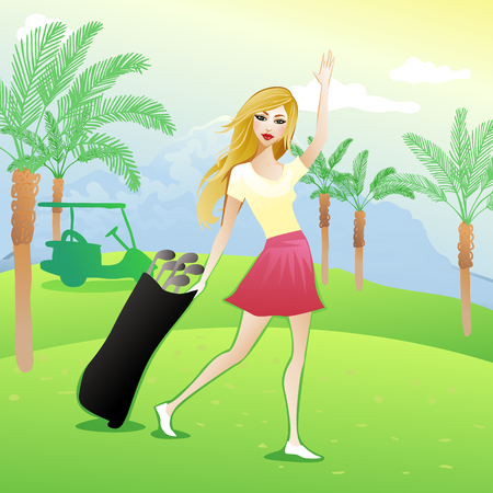 pretty blonde waving on a golf courseのイラスト素材