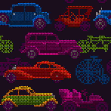 seamless illustration of colorful x-stitch textured old-timer cars and bicycles in trafficのイラスト素材
